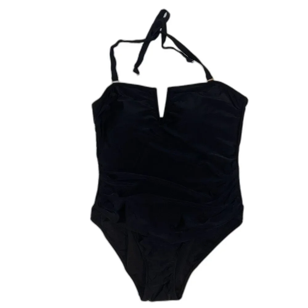 NWT Catherine Malandrino V Wire Shirred Black 1 Piece Bandeau Swimsuit Plus S 1X